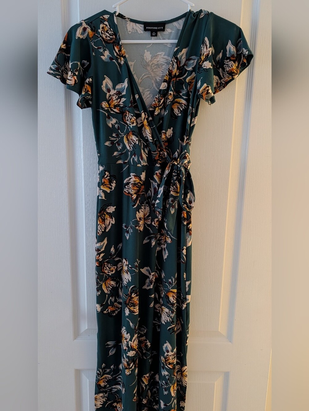 Fortune And Ivy Dark Green Floral Wrap Maxi Dress with Yellow Accents